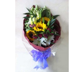F29 SUNFLOWER WITH WHITE LILIES BOUQUET